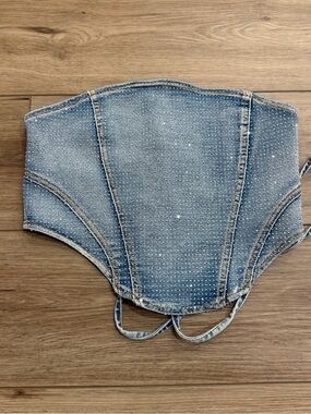 Daisy Light Blue Denim Rhinestone Corset Crop Top with Tie-Back
